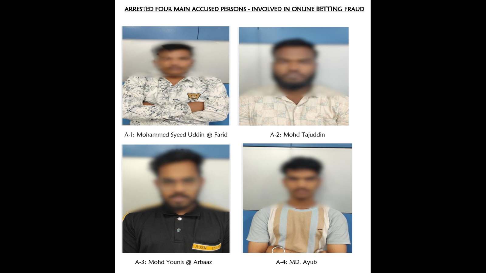 Suspected online betting fraudsters in Hyderabad, arrested for duping a man of Rs 1.5 crore, shown in pol.