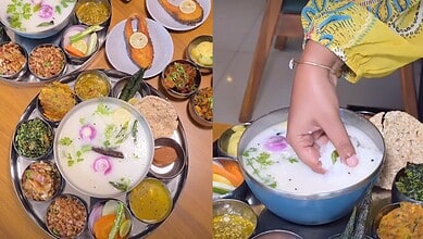 Traditional Pakhala Thali served with rice, vegetables, and curd in Hyderabad, perfect for a cooling summ.