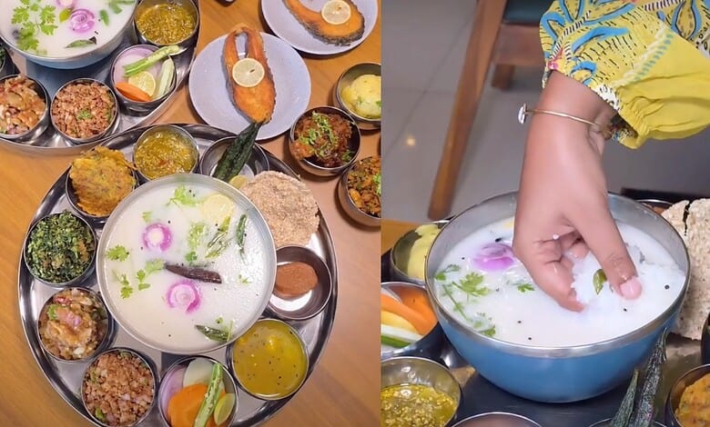 Traditional Pakhala Thali served with rice, vegetables, and curd in Hyderabad, perfect for a cooling summ.