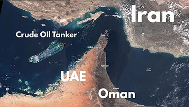 Satellite image showing a crude oil tanker near Iran and the UAE amid rising oil prices.