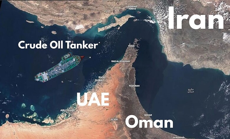 Satellite image showing a crude oil tanker near Iran and the UAE amid rising oil prices.