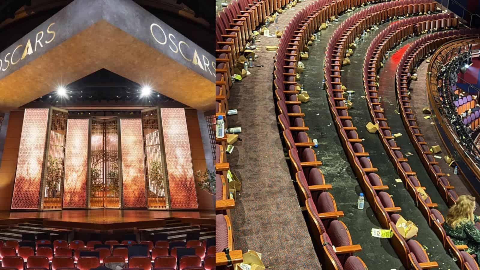 View of the Oscars 2026 auditorium with littered seats after the event.