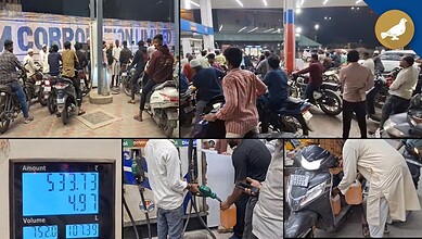 Petrol pumps in Hyderabad crowded with vehicles and people amid rumours causing heavy rush. Long queues f.