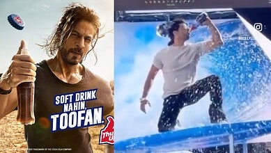Ibrahim Qadri, resembling SRK, featured in a Thums Up advertisement with water splash background.