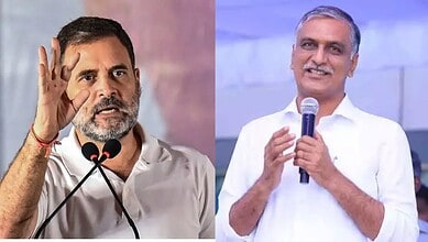 Harish Rao speaking passionately at a political event, addressing Rahul Gandhi about MLA defections and i.