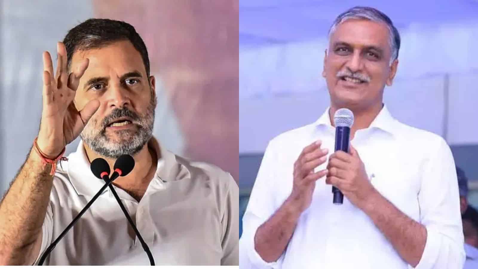 Harish Rao speaking passionately at a political event, addressing Rahul Gandhi about MLA defections and i.