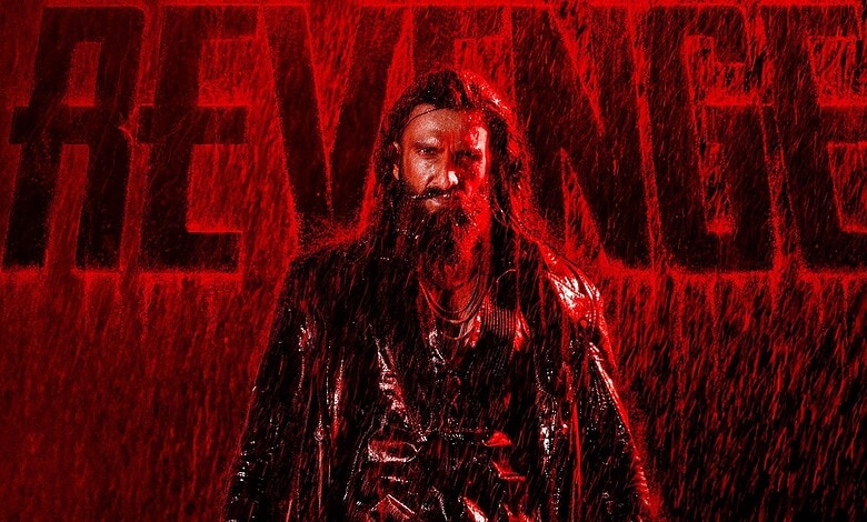 Intense scene from The Revenge featuring a man with long hair and beard in a rain-soaked setting.