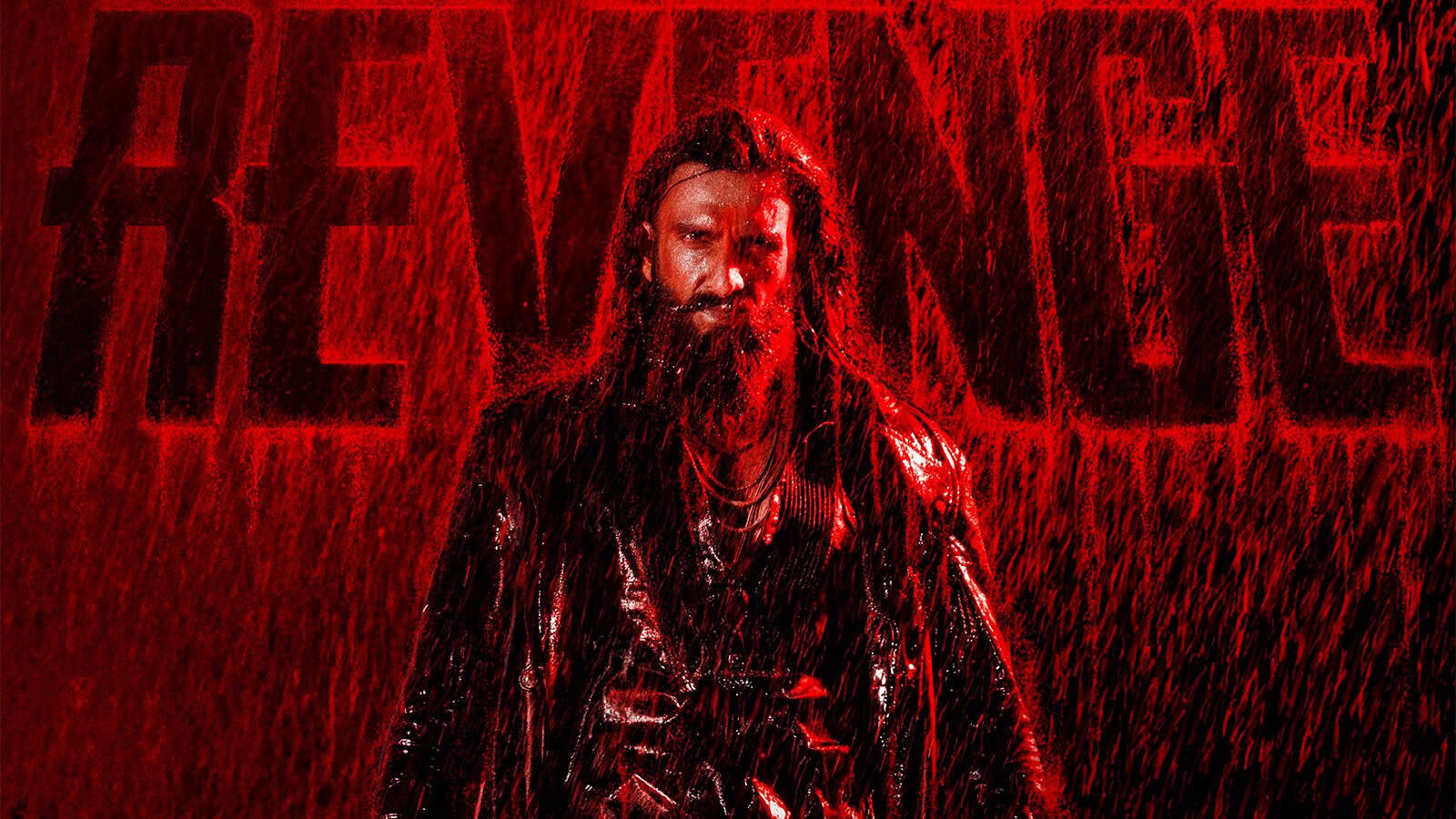 Intense scene from The Revenge featuring a man with long hair and beard in a rain-soaked setting.
