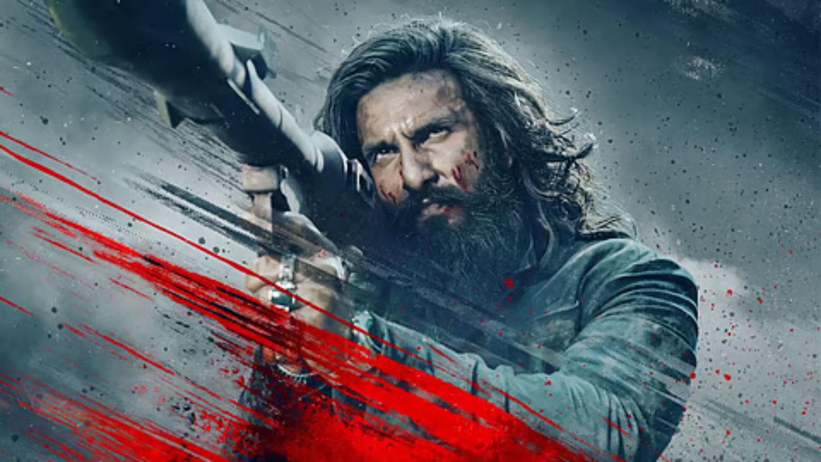 An intense scene from Dhurandhar 2 showing a fierce character aiming a weapon, highlighting the film's hi.