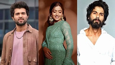 An image of Rashmika Mandanna with two male actors, highlighting her next six films and romantic on-scree.