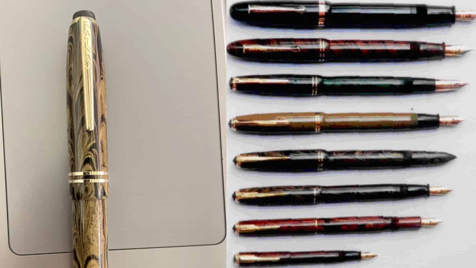Elegant collection of fountain pens with various designs and colours for writing and calligraphy. Perfect.