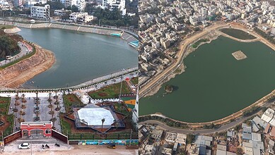 The image shows the Bum-Rukn-Ud-Dowla and Kukatpally Nalla Cheruvu lakes restored by HYDRAA, to be inaugurated by Telangana CM Revanth Reddy in a week.