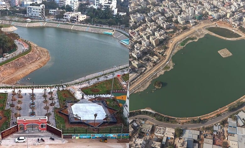 The image shows the Bum-Rukn-Ud-Dowla and Kukatpally Nalla Cheruvu lakes restored by HYDRAA, to be inaugurated by Telangana CM Revanth Reddy in a week.