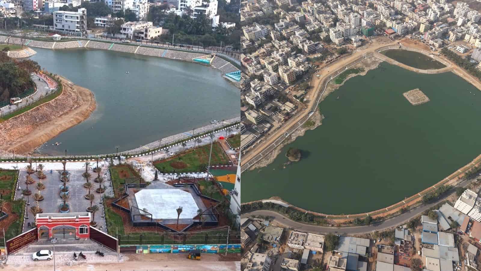 The image shows the Bum-Rukn-Ud-Dowla and Kukatpally Nalla Cheruvu lakes restored by HYDRAA, to be inaugurated by Telangana CM Revanth Reddy in a week.