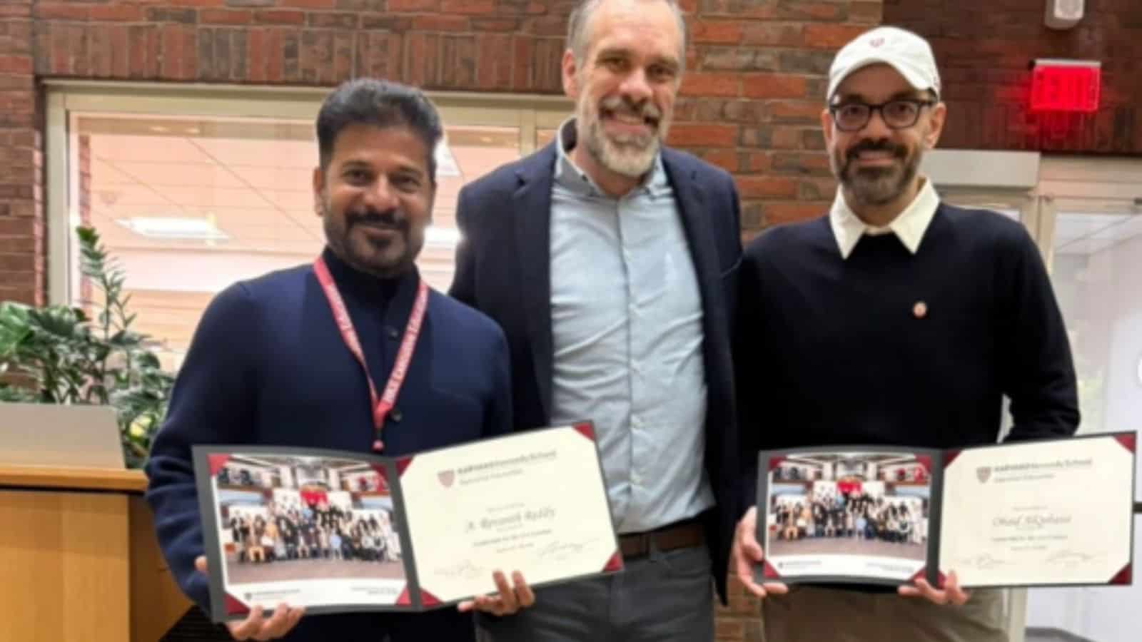 Telangana Chief Minister with officials holding certificates at Harvard programme funded by Education Dep.