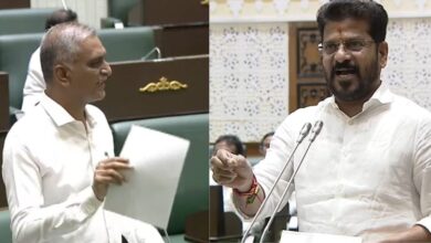 The image shows Siddipet MLA T harish Rao and Telangana CM levelling allegations and counter-allegations on the issue of illegal mining operations during BRS and Congress in the assembly on Saturday, March 28, 2026.
