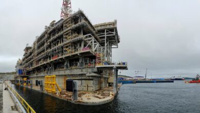 A view shows a gravity-based liquified natural gas platform at the Center for the construction of large-tonnage offshore structures (CSCMS) of Novatek-Murmansk company in the village of Belokamenka, Murmansk Region, Russia.