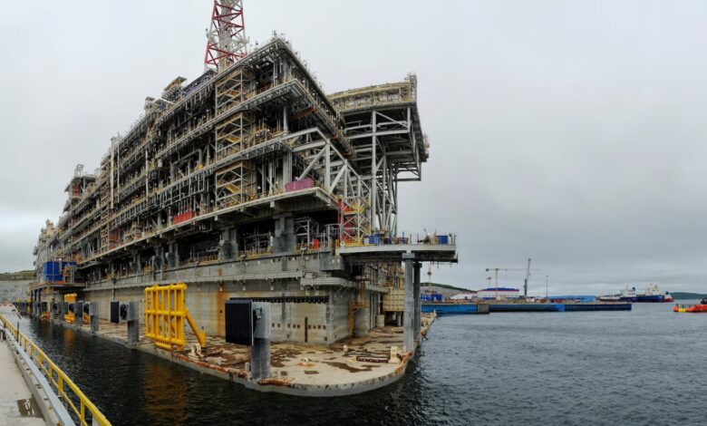 A view shows a gravity-based liquified natural gas platform at the Center for the construction of large-tonnage offshore structures (CSCMS) of Novatek-Murmansk company in the village of Belokamenka, Murmansk Region, Russia.