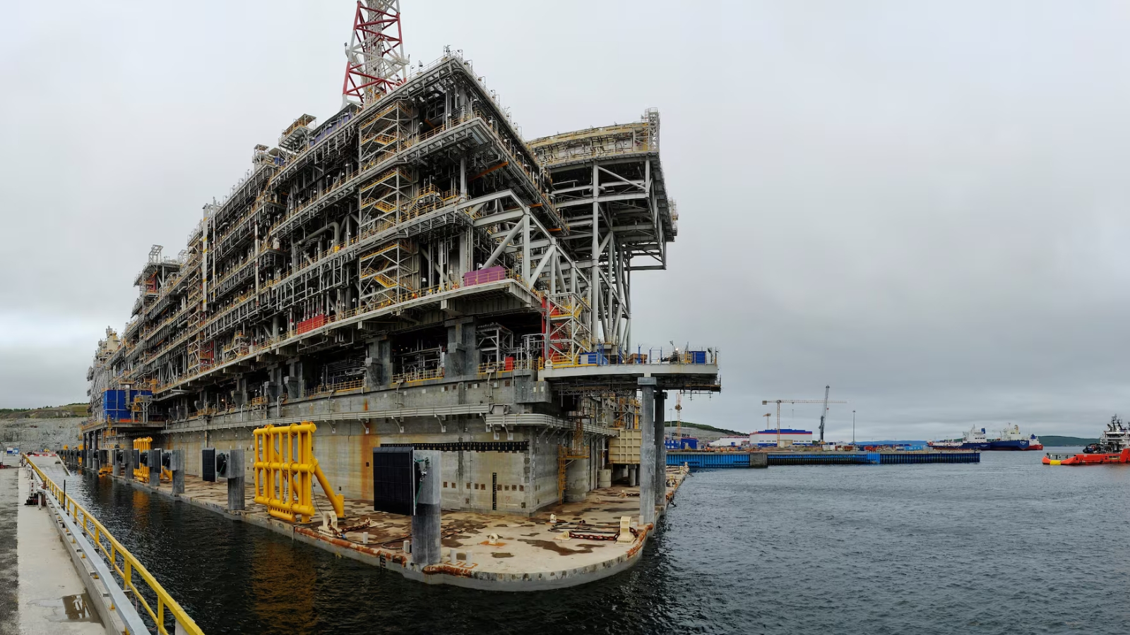 A view shows a gravity-based liquified natural gas platform at the Center for the construction of large-tonnage offshore structures (CSCMS) of Novatek-Murmansk company in the village of Belokamenka, Murmansk Region, Russia.