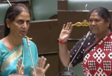 The image shows argument breaking out between Women and Child Welfare Minister Seethakka, BRS MLA Sabitha Indra Reddy and BRS MLA Sunitha Laxma Reddy during the Telangana assembly session on Thursday, March 26, 2026.