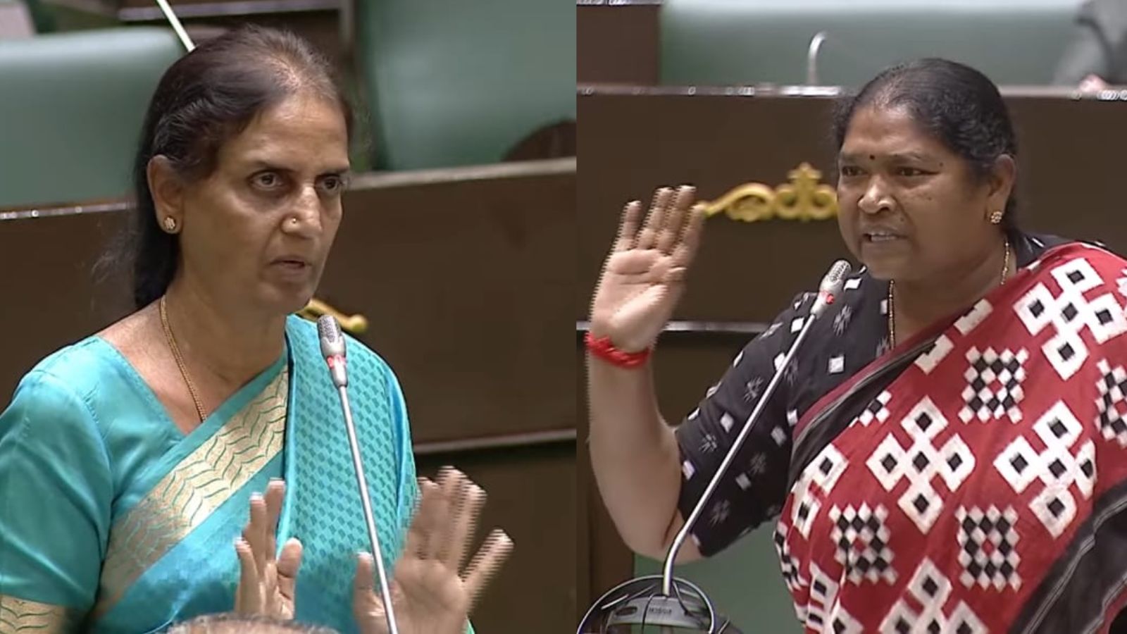 The image shows argument breaking out between Women and Child Welfare Minister Seethakka, BRS MLA Sabitha Indra Reddy and BRS MLA Sunitha Laxma Reddy during the Telangana assembly session on Thursday, March 26, 2026.