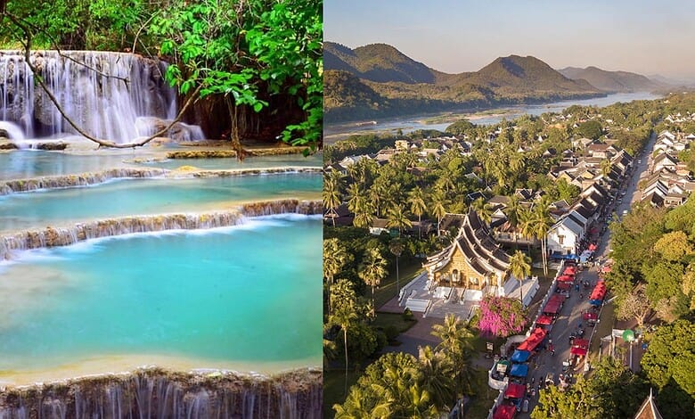 Beautiful waterfalls and lush greenery in a tropical destination near mountains.