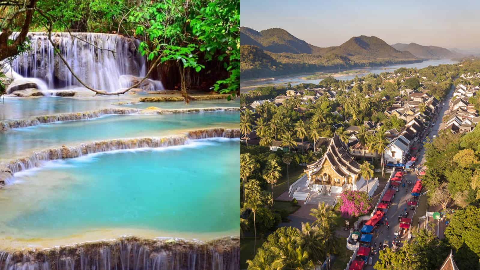 Beautiful waterfalls and lush greenery in a tropical destination near mountains.