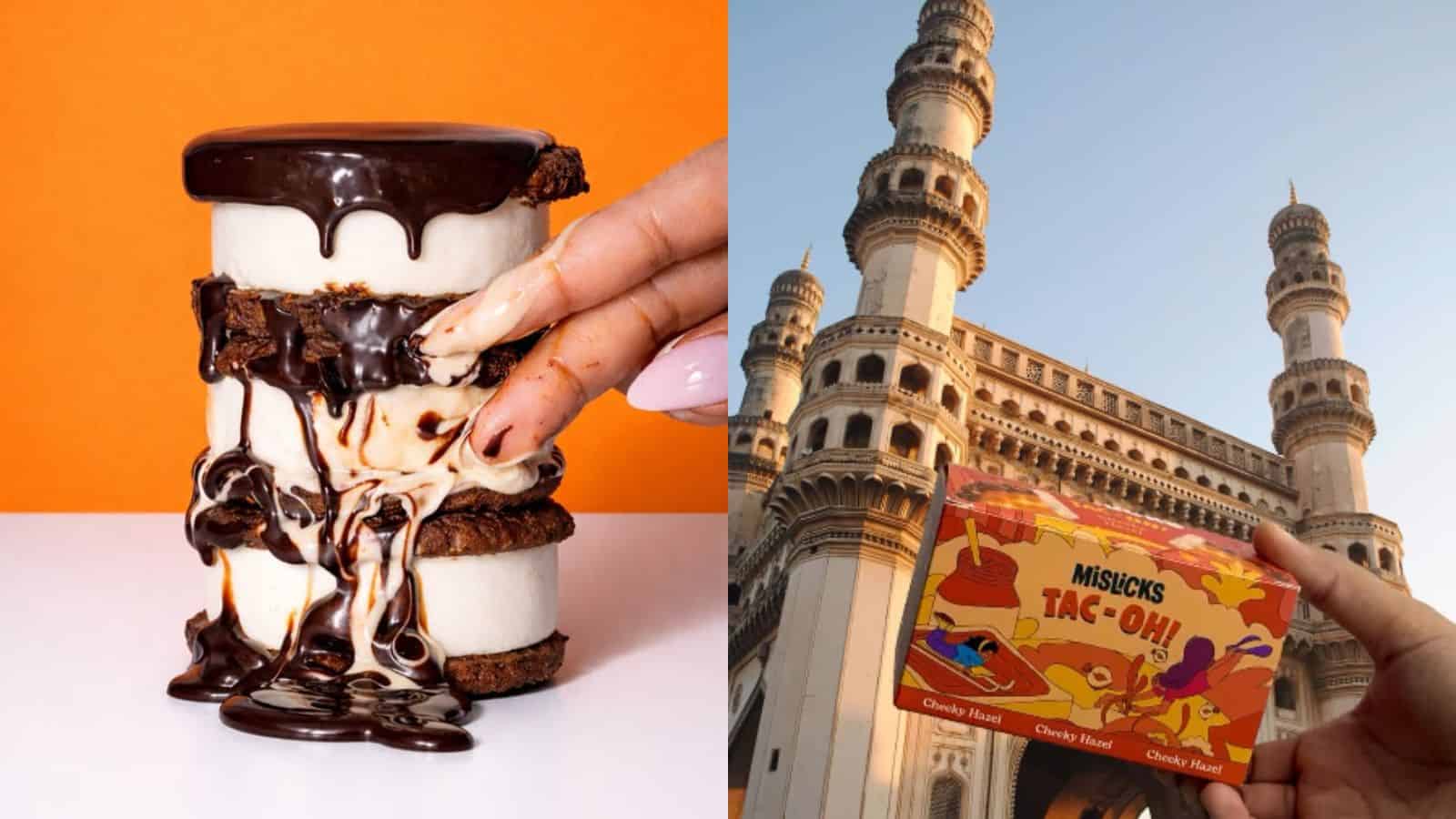 Close-up of a hand holding a messy ice cream sandwich with chocolate and vanilla ice cream, and a histori.