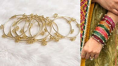 Gold-plated Kashmiri bangles displayed on a white surface, traditional jewelry for Eid festivities.