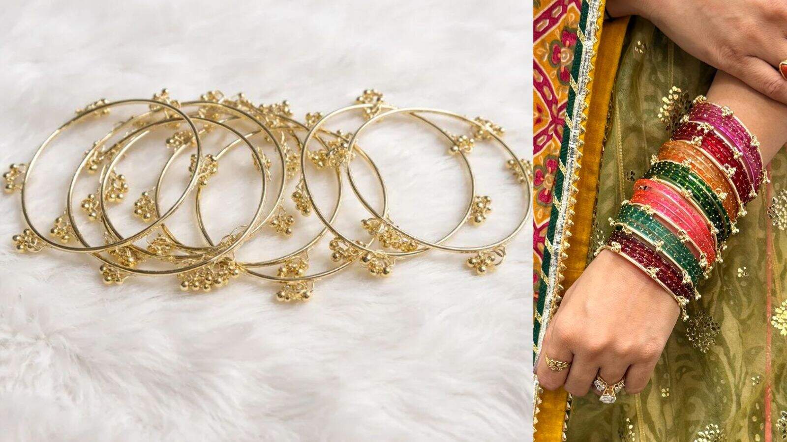 Gold-plated Kashmiri bangles displayed on a white surface, traditional jewelry for Eid festivities.