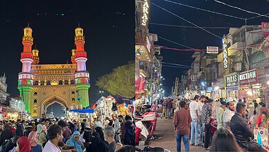 Vibrant night scene of Eid shopping at Charminar with illuminated architecture and bustling market stalls.