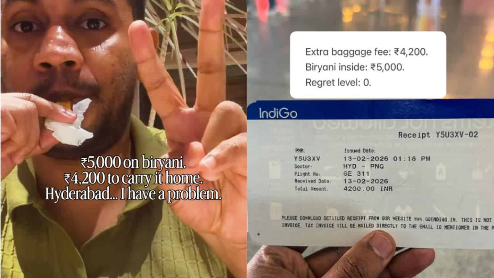 Chef with a peace sign holding a receipt for Rs 4200 for Hyderabadi biryani.