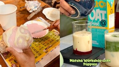 Delicious pink cake and refreshing matcha drinks at a Women's Day event in Hyderabad. Celebrating with sw.