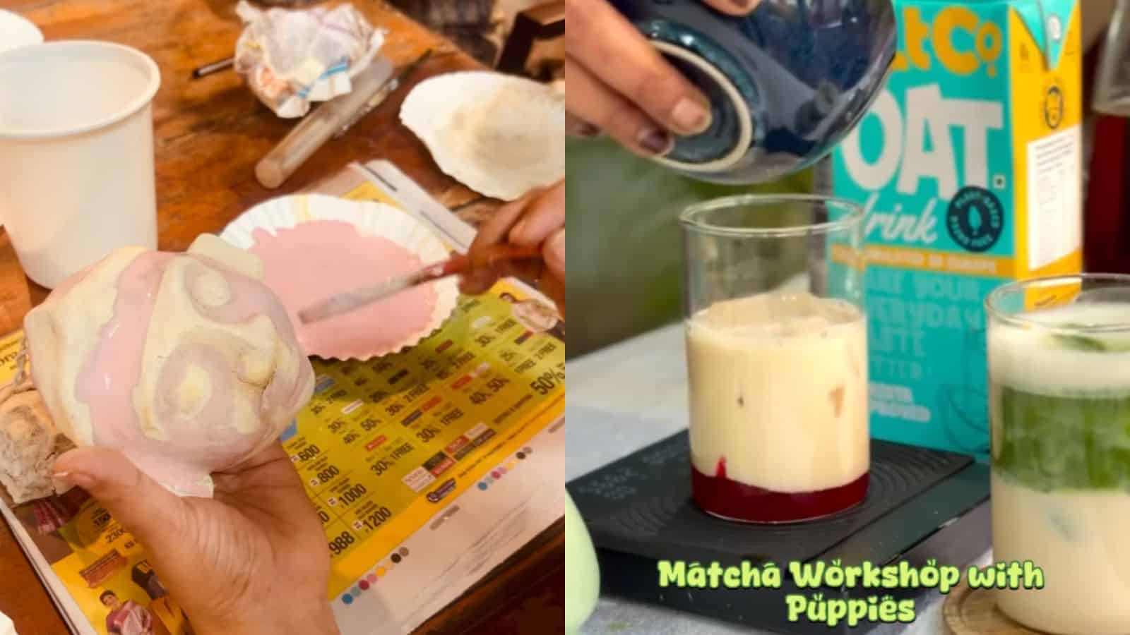 Delicious pink cake and refreshing matcha drinks at a Women's Day event in Hyderabad. Celebrating with sw.