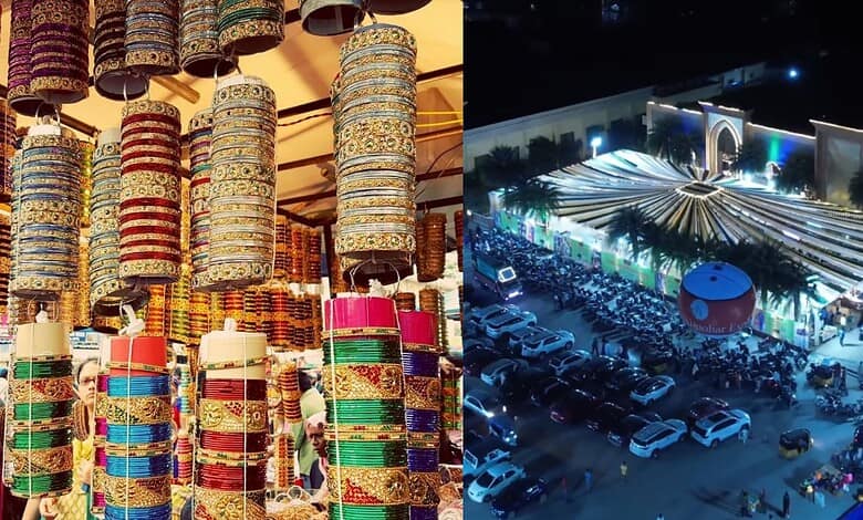 Nighttime Eid shopping at Hyderabad market with colorful bangles and busy streets.