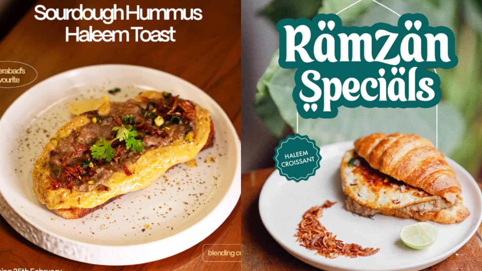 Sourdough hummus haleem toast garnished with herbs on a white plate.