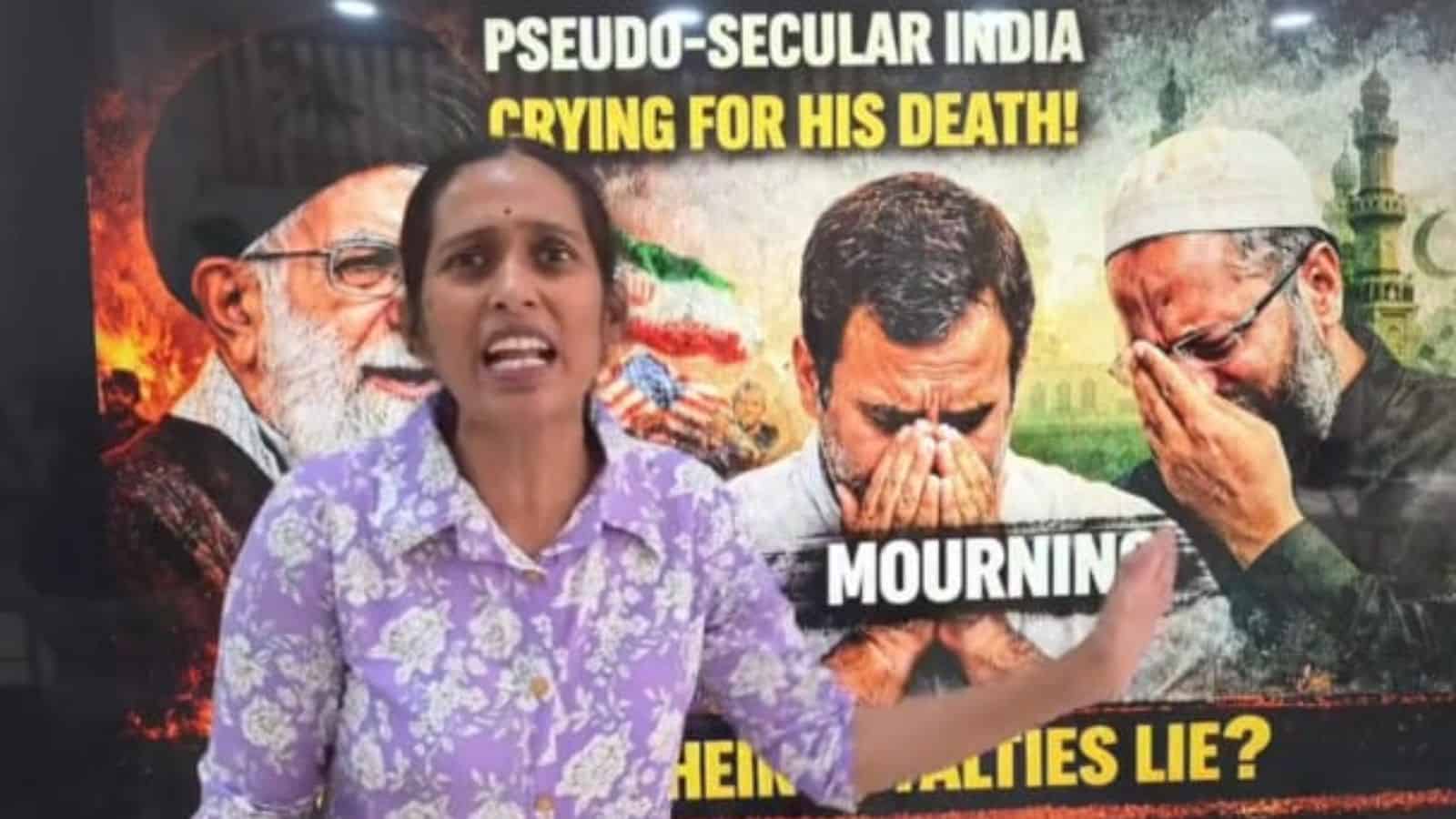 Former BJP corporator from Saroornagar division Akula Srivani shows her hateful rhetoric towards the slain Iran Supreme leader Ayatollah Ali Khamenei in a video message.