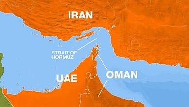 Map showing Iran, UAE, Oman, and the Strait of Hormuz in the Middle East region.