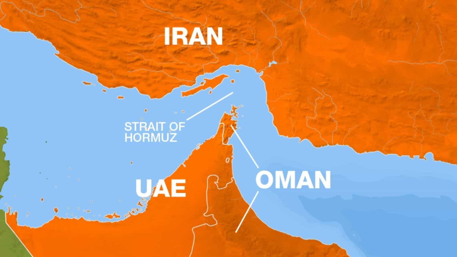 Map showing Iran, UAE, Oman, and the Strait of Hormuz in the Middle East region.