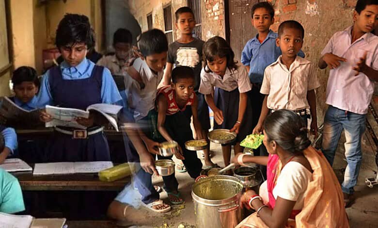 The image depicts students in a Telangana public school facing challenges due to deteriorating infrastructure and limited educational resources.