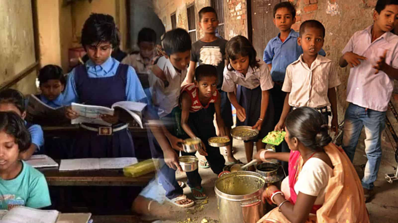 The image depicts students in a Telangana public school facing challenges due to deteriorating infrastructure and limited educational resources.