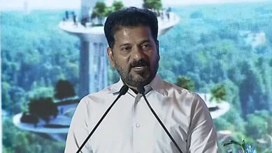 Revanth Reddy speaking at a public event about the Musi Development Plan Report, emphasizing political st.