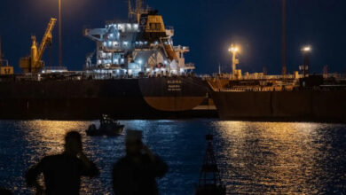 The Albina bulk carrier sits anchored at Sultan Qaboos Port in Muscat, Oman, east of the Strait of Hormuz