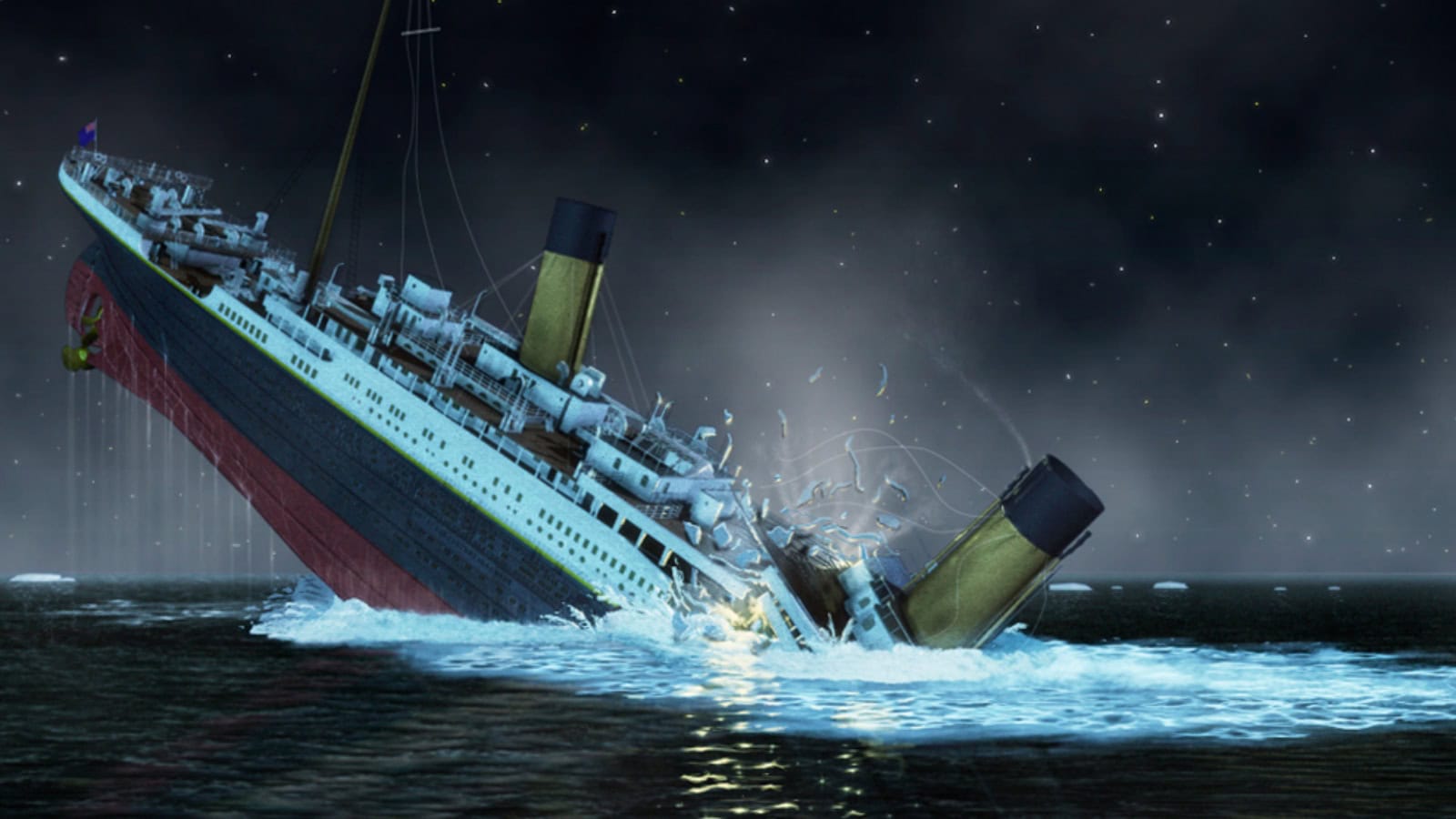 Illustration of the Titanic sinking during a stormy night at sea, highlighting the tragic maritime disast.