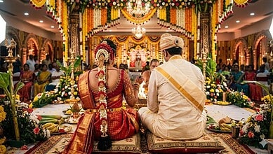 Wedding ceremony with bride and groom in traditional attire during a colourful celebration.