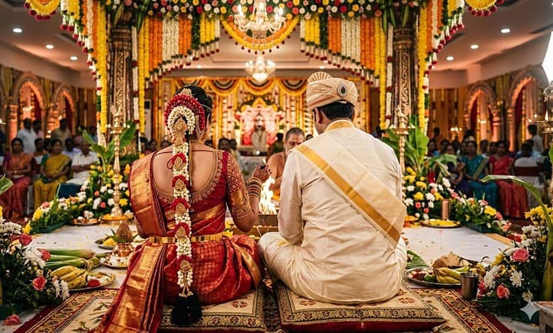 Wedding ceremony with bride and groom in traditional attire during a colourful celebration.
