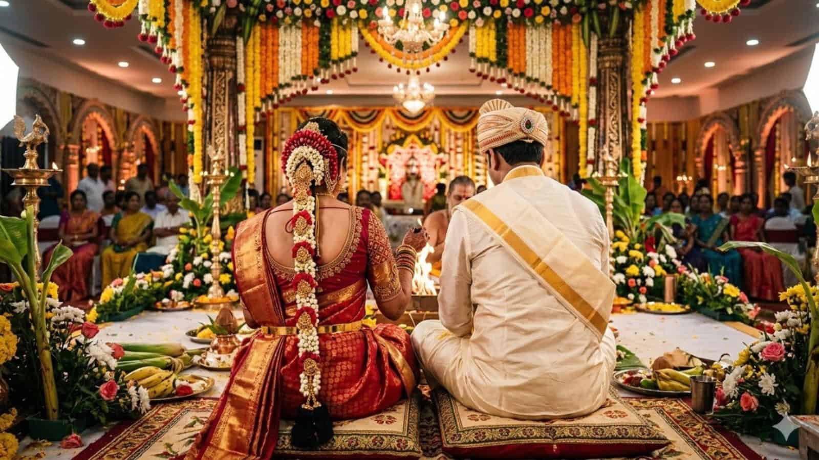 Wedding ceremony with bride and groom in traditional attire during a colourful celebration.