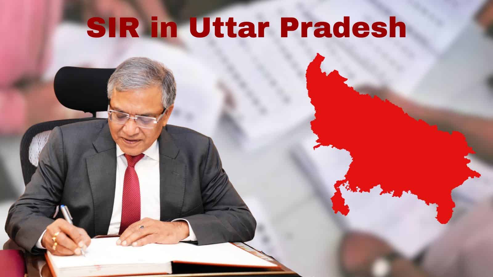 An official in Uttar Pradesh managing claim forms related to the SIR process, highlighting the large volu.