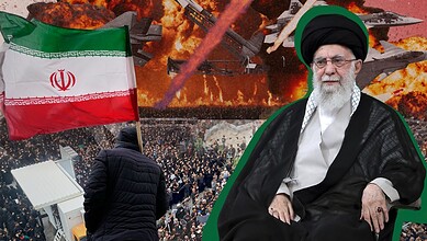 Iranian leader with protests and explosions in background, emphasizing threats to international security.