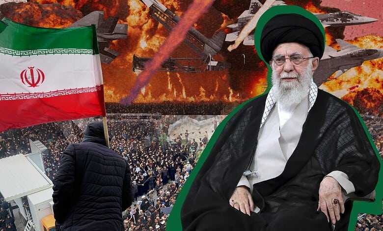 Iranian leader with protests and explosions in background, emphasizing threats to international security.